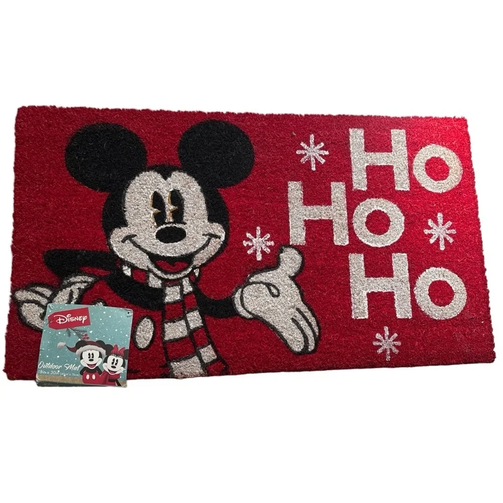 Disney Mickey Mouse Christmas Holidays Snow Flakes Red Coir Outdoor Mat 18”X30”